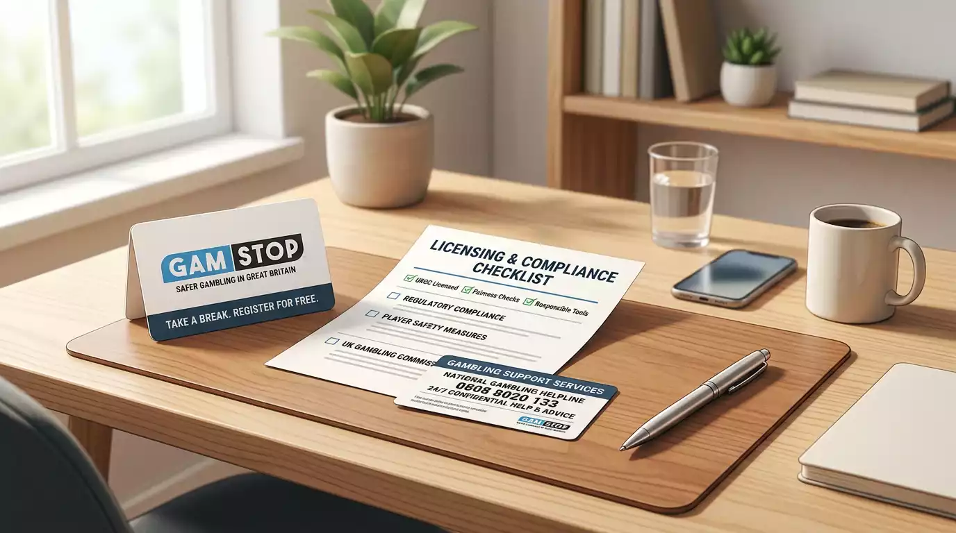 Calm desk scene showing a GAMSTOP note, a licence checklist and a support card
