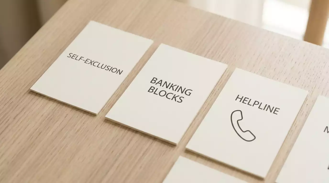 Support plan with self-exclusion, bank block and helpline cards on a calm background